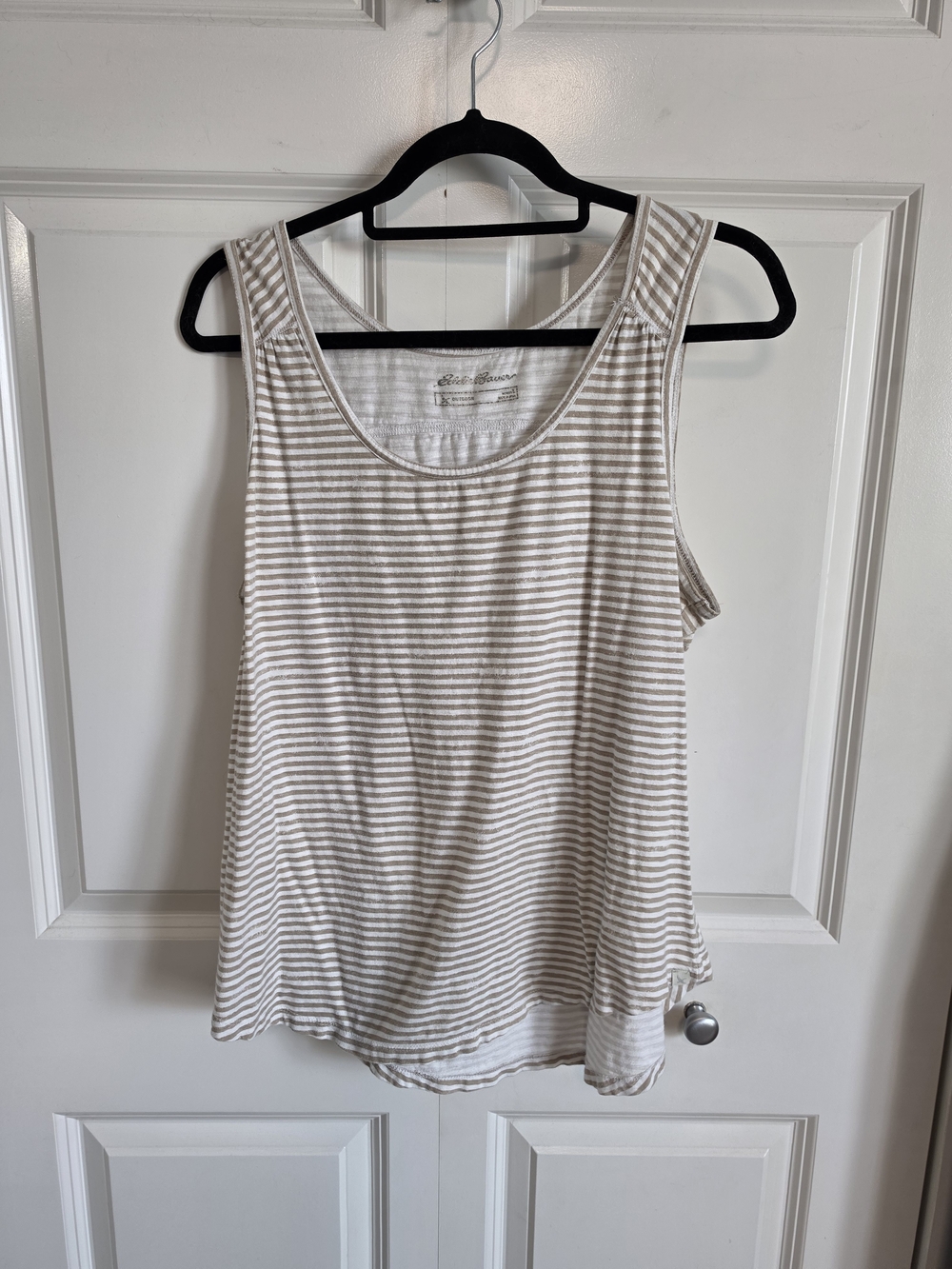 Eddie Bauer Beige and White distressed Striped Scoop Tank
